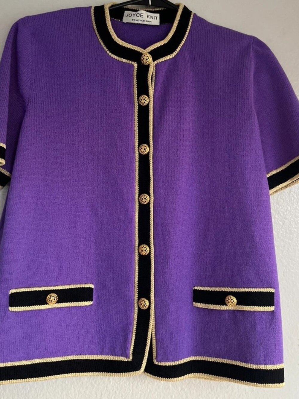 Vintage joyce Acrylic shin Cardigan Button jacket Top Purple Gold Women’s Sz 8